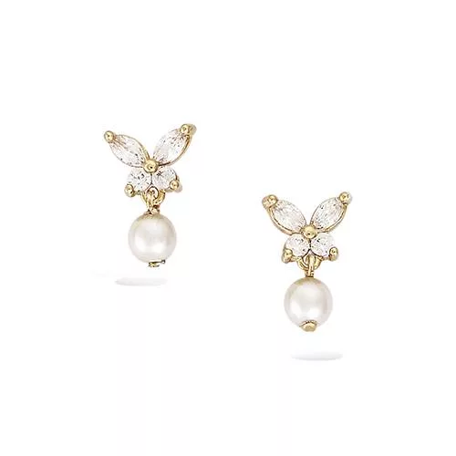 BO P/OR FORME PAPILLON OXYDES BLANCS + PERLE SYNTHETIQUE BLANCHE