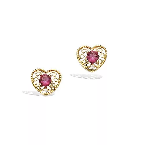 BO P/OR PUCE FORME COEUR AJOUREE AVEC PIERRE COULEUR ROUGE RUBIS