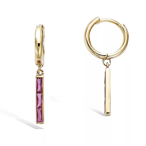 BO P/OR MINI CREOLE PENDANT  TRILOGIE PIERRES BAGUETTES COULEUR FUCHSIA