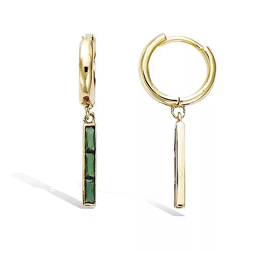BO P/OR MINI CREOLE PENDANT  TRILOGIE PIERRES BAGUETTES COULEUR VERT EMERAUDE