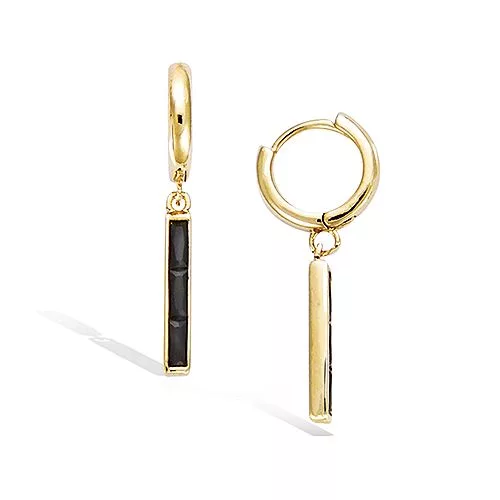 BO P/OR MINI CREOLE PENDANT  TRILOGIE PIERRES BAGUETTES COULEUR NOIRE