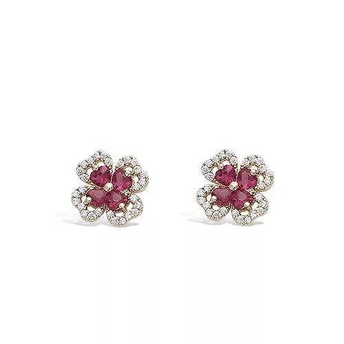 BO P/OR TREFLE VERRE COULEUR RUBIS ENTOURAGE CZ