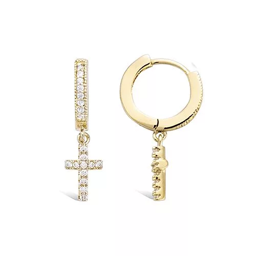BO P/OR MINI CREOLE CZ AVEC PAMPILLE CROIX OXYDES BLANCS