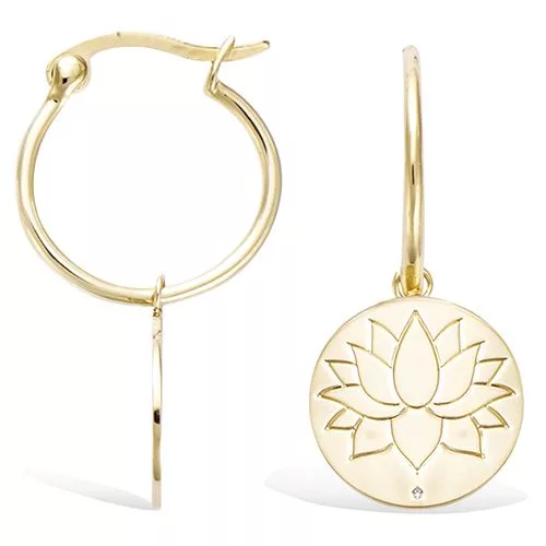 BO P/OR MINI CREOLE PENDANT FORME RONDE MOTIF FLEUR DE LOTUS AVEC CZ