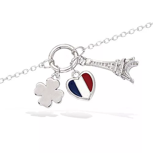 BRA AG/RD TREFFLE LISSE + COEUR BLEU EMAIL BLANC ROUGE + TOUR EIFFEL