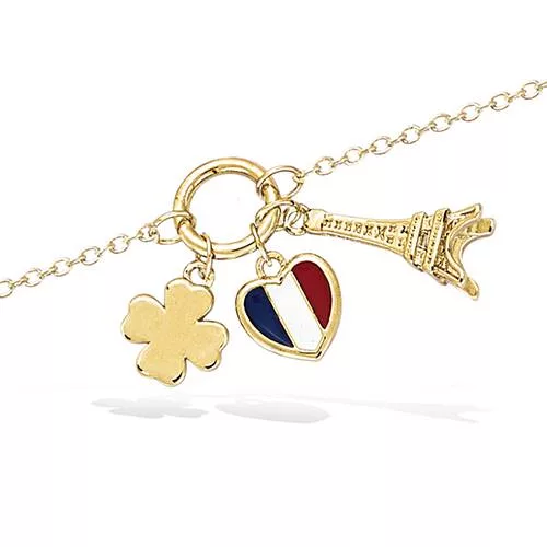 BRA P/OR TREFFLE LISSE + COEUR EMAIL BLEU BLANC ROUGE + TOUR EIFFEL