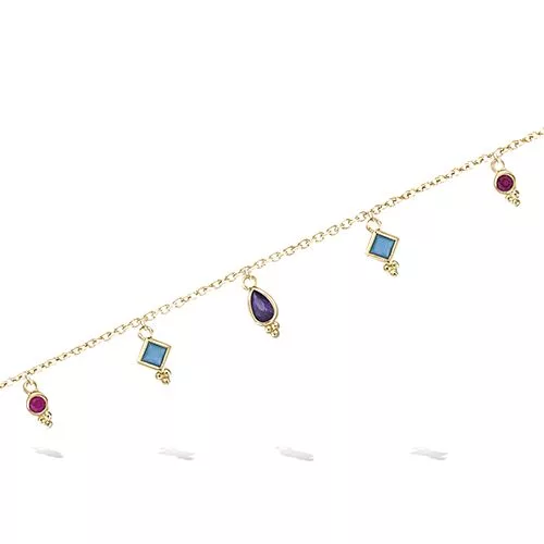 BRA P/OR PAMPILLES SERTI CLOS MULTI FORMES TURQUOISE SYNTH, FUSCHIA SYNTH ET OXYDES AMETHYSTE