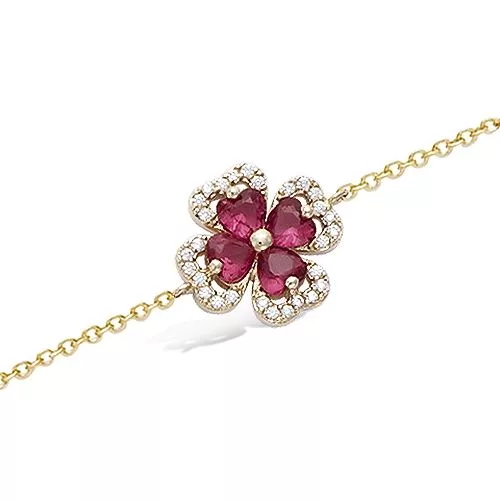 BRA P/OR TREFLE VERRE COULEUR RUBIS ENTOURAGE CZ