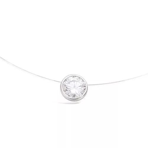 COLLIER AG/RD EN FIL NYLON SOLITAIRE OXYDE BLANC SERTI CLOS 5MM