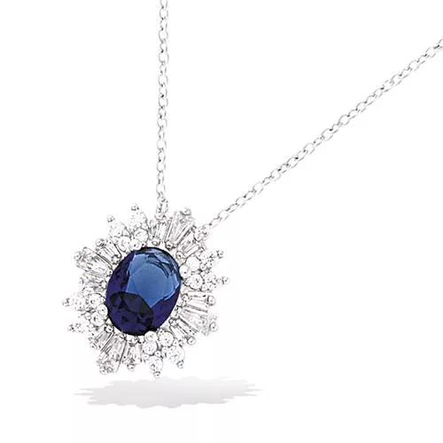 COLLIER AG/RD FLEUR VERRE BLEU SAPHIR + OXYDES BLANCS