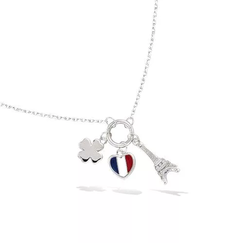 COLLIER AG/RD TREFFLE LISSE + COEUR EMAIL BLEU BLANC ROUGE + TOUR EIFFEL