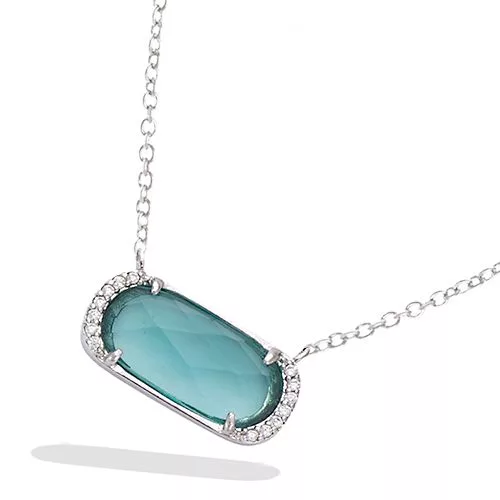 COLLIER AG/RD RECTANGLE ARRONDI AVEC PIERRE VERTE AVEC CZ