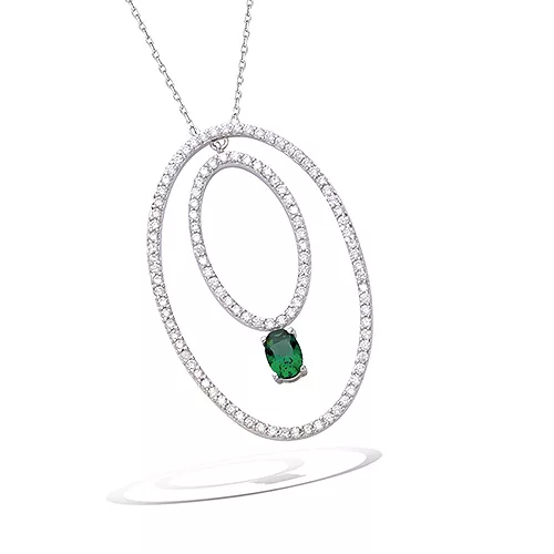 COLLIER AG/RD DOUBLE OVALS VERRE EMERAUD + CZ