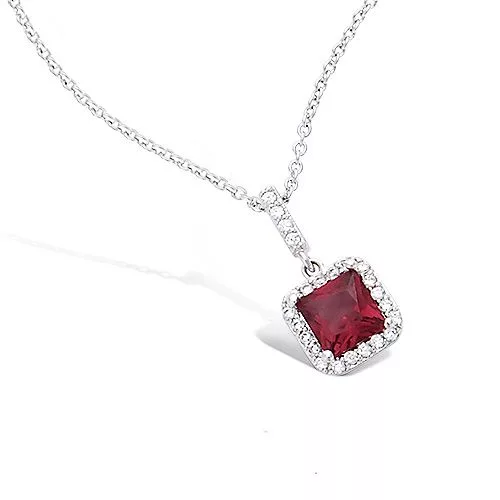 COLLIER AG/RD PENDANT FORME CARREE VERRE RUBIS AVEC OXYDES BLANCS