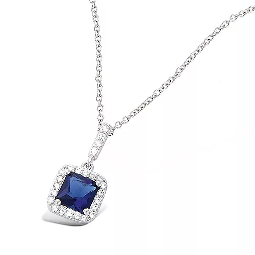 COLLIER AG/RD PENDANT FORME CARREE VERRE SAPHIR AVEC OXYDES BLANCS
