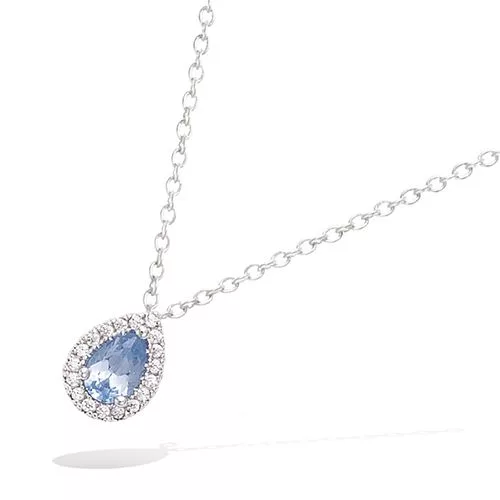 COLLIER AG/RD PIERRE FORME GOUTTE BLEU AQUA MARINE ENTOURAGE OXYDES BLANCS