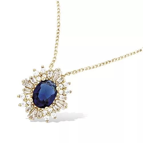 COLLIER P/OR FLEUR VERRE BLEU SAPHIR + OXYDES BLANCS