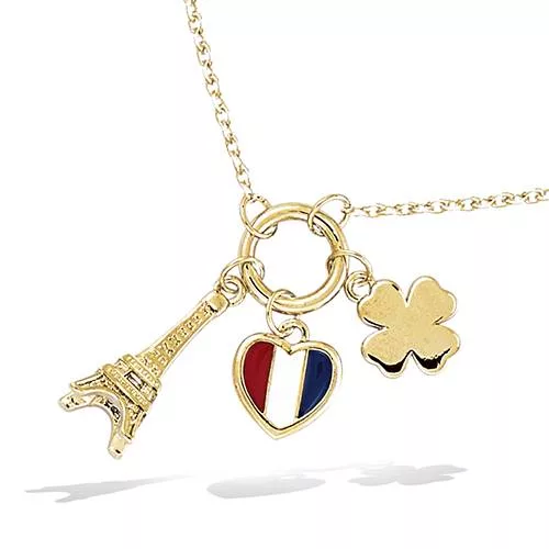 COLLIER P/OR TREFFLE LISSE + COEUR EMAIL BLEU BLANC ROUGE + TOUR EIFFEL