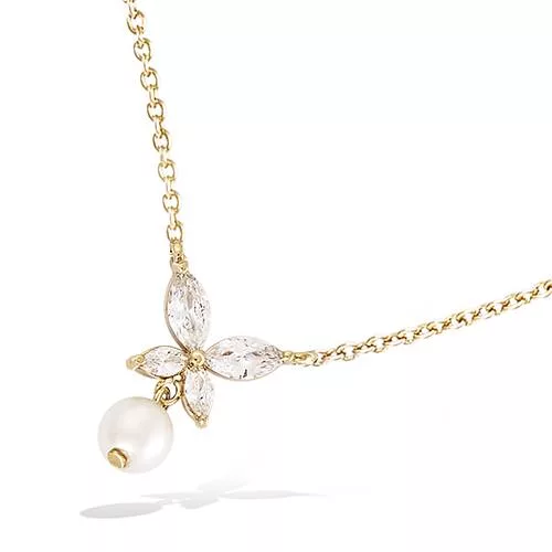 COLLIER P/OR FORME PAPILLON OXYDES BLANCS + PERLE SYNTHETIQUE BLANCHE