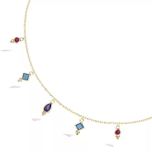 COLLIER P/OR PAMPILLES SERTI CLOS MULTI FORMES TURQUOISE SYNTH, FUSCHIA SYNTH ET OXYDES AMETHYSTE