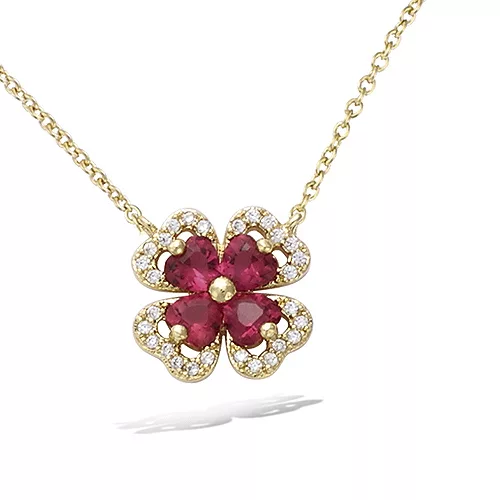 COLLIER P/OR TREFLE VERRE COULEUR RUBIS ENTOURAGE CZ