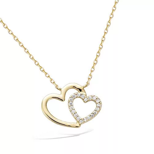 COLLIER P/OR DOUBLE COEUR CROISE OXYDES BLANCS