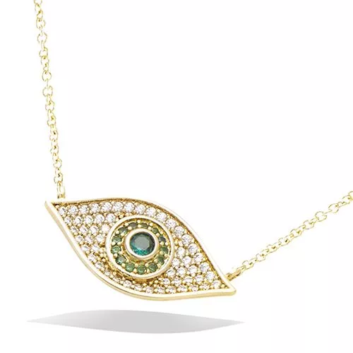 COLLIER P/OR CREOLE ŒIL VERT EMERAUDE ET OXYDES BLANCS