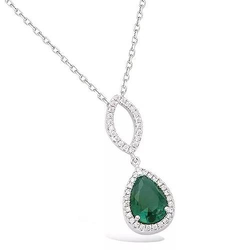 PND AG/RD PENDANT GOUTTE VERRE COULEUR EMERAUDE + AMANDE EVIDEE CZ
