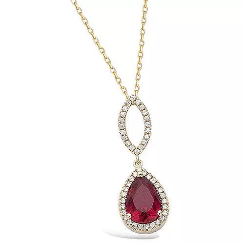PND P/OR PENDANT GOUTTE VERRE COULEUR RUBIS + AMANDE EVIDEE CZ