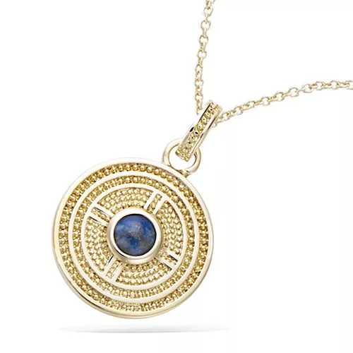 PND P/OR FORME RONDE MOTIF GEOMETRIQUE AVEC LAPIS LAZULI VERITABLE