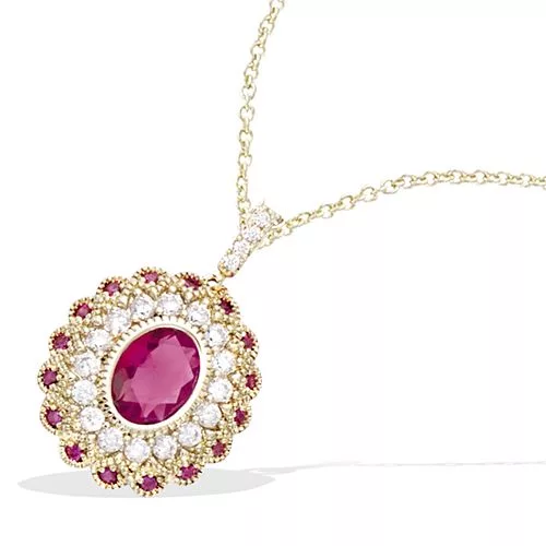 PND P/OR FORME OVALE AVEC PIERRE COULEUR RUBIS ENTOURAGE CZ
