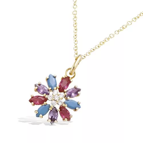 PND P/OR FLEUR TURQUOISE SYNTHETIQUE FUSCHIA SYNTH ET OXYDE AMETHYSTE