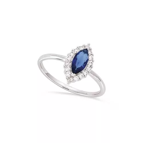 BA AG/RD SOLITAIRE FORME MARQUISE BLEU SAPHIR ENTOURAGE OXYDES BLANCS